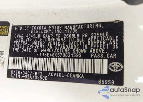 2007 Toyota Camry Le z USA, uszkodzony, nr VIN 4T1BE46K57U631593